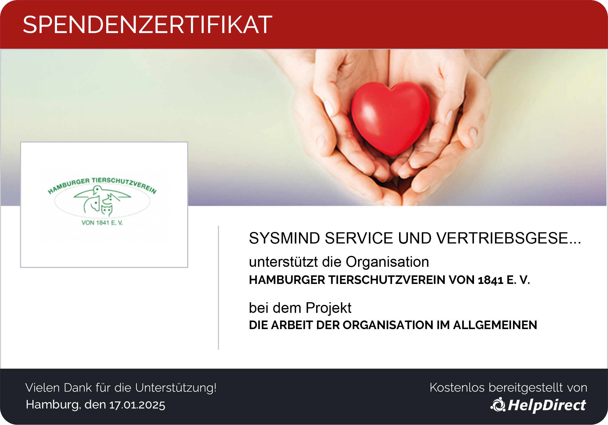 Spendenzertifikat Tierschutzverein Hh